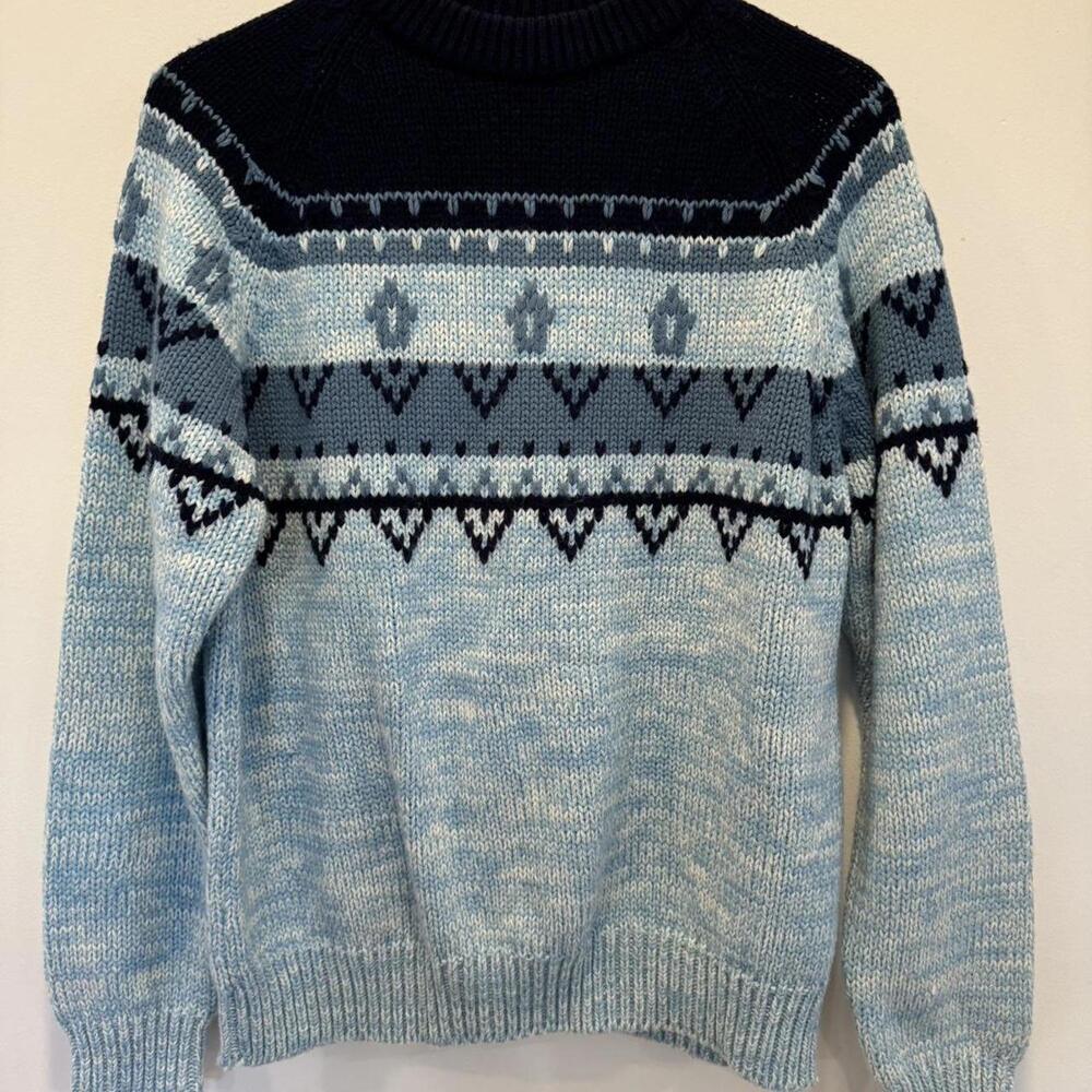 Vintage National Shirt Shops Blue Patterned Chunky Knit Sweater